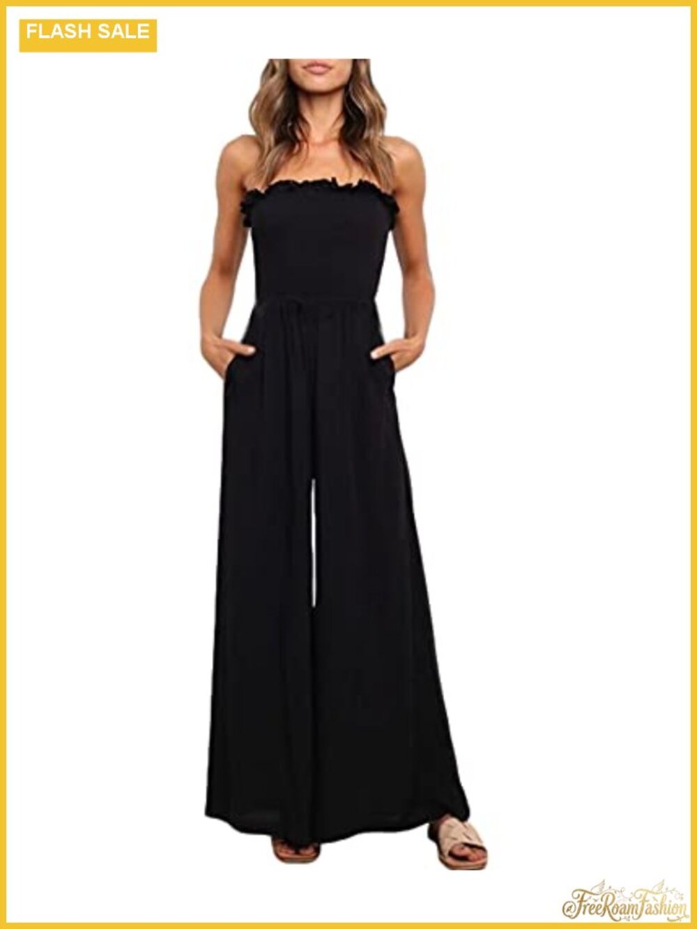 Strapless Smocked Wide Leg Jumpsuit Romper Summer Stretchy Sleeveless